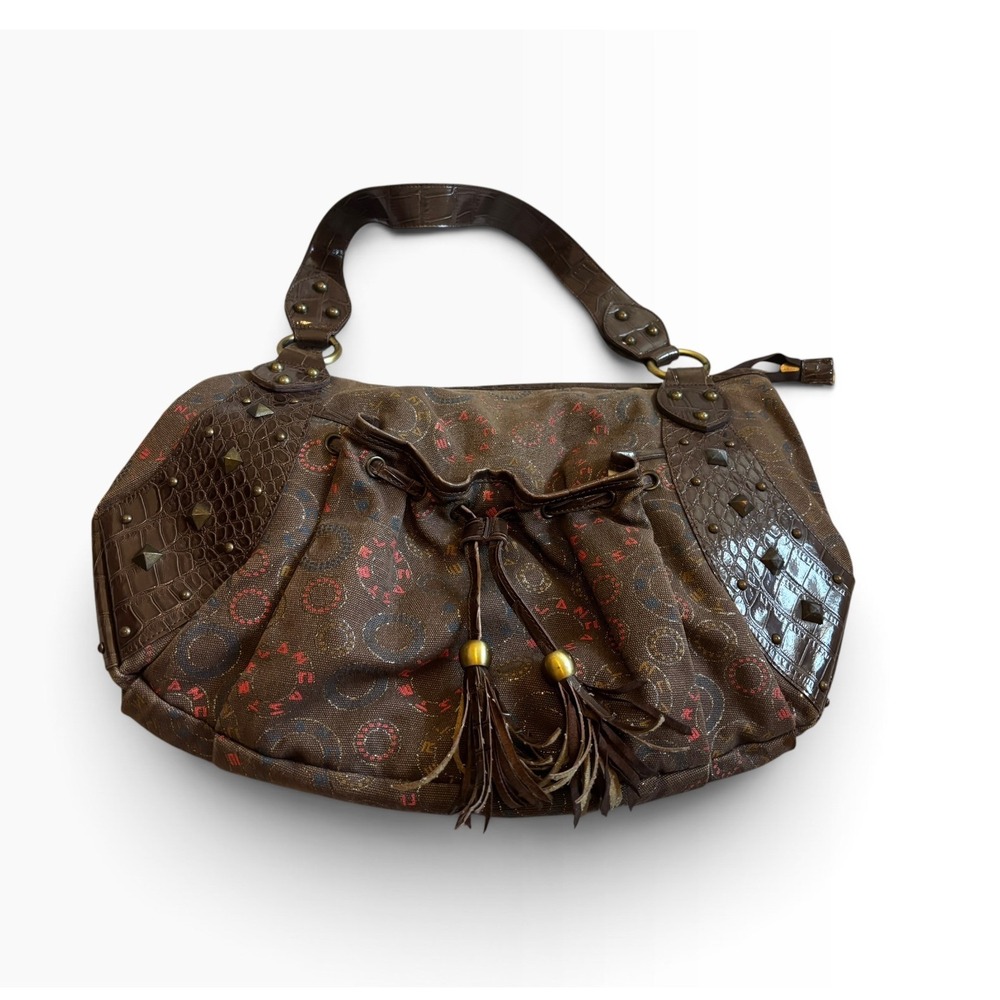 Lancaster Hobo Bag Large Brown Canvas Logo Print Studded Croc Trim Y2K Boho
